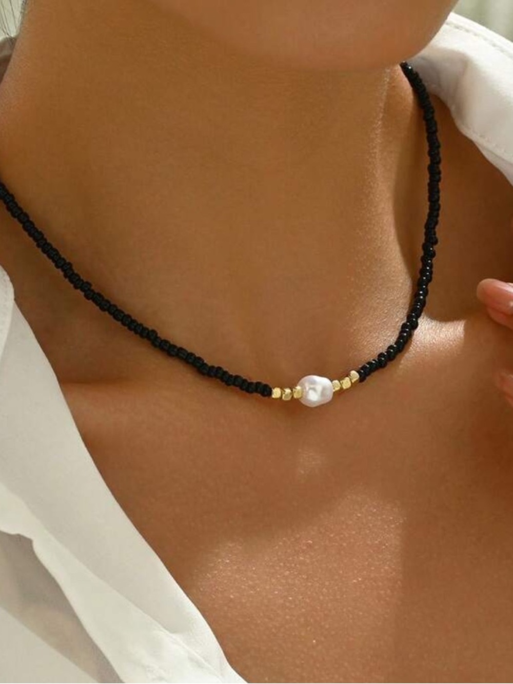 Black Beaded Pearl Accent Necklace